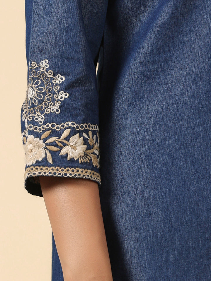 Denim Dark Blue Embroidered Round Neck Top