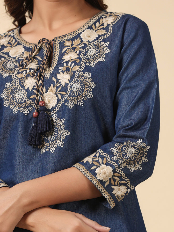 Denim Dark Blue Embroidered Round Neck Top
