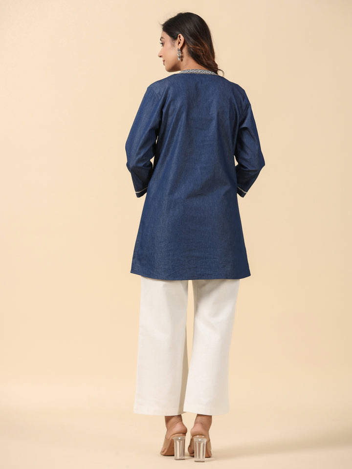 Denim Blue Embroidered Top