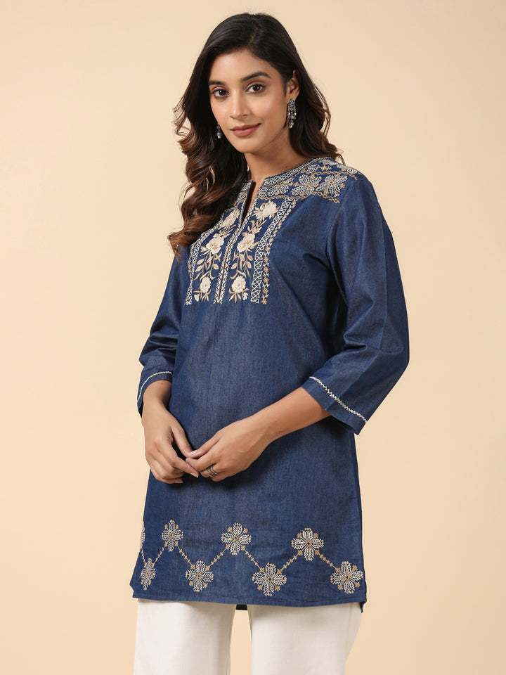 Denim Blue Embroidered Top