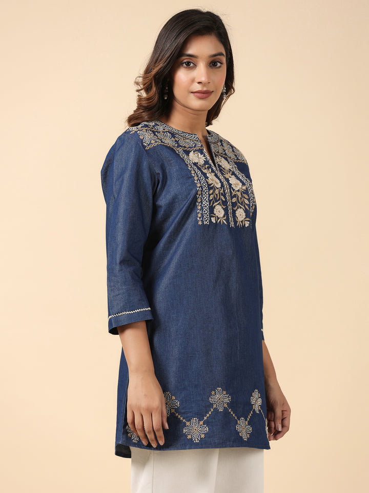 Denim Blue Embroidered Top