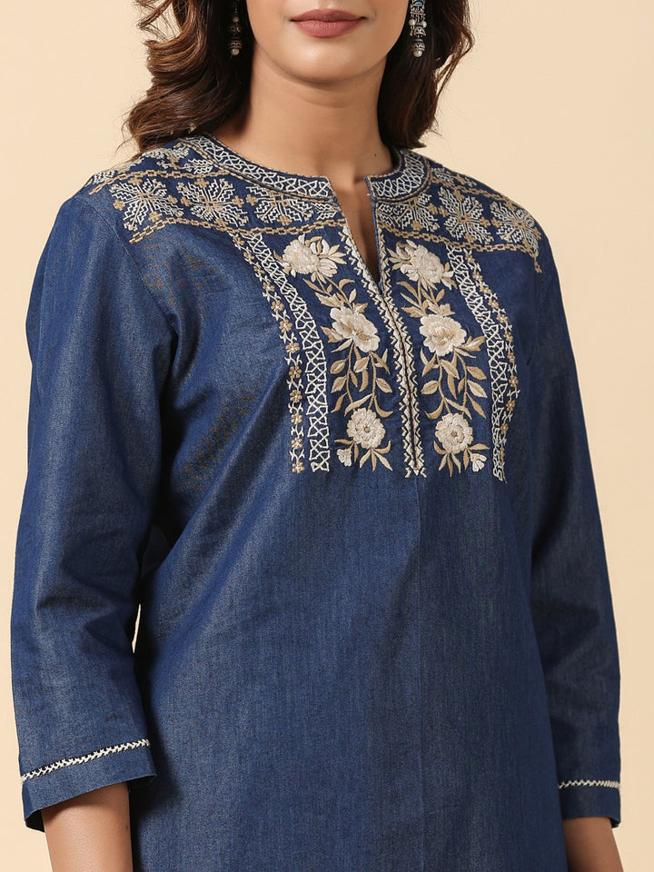 Denim Blue Embroidered Top