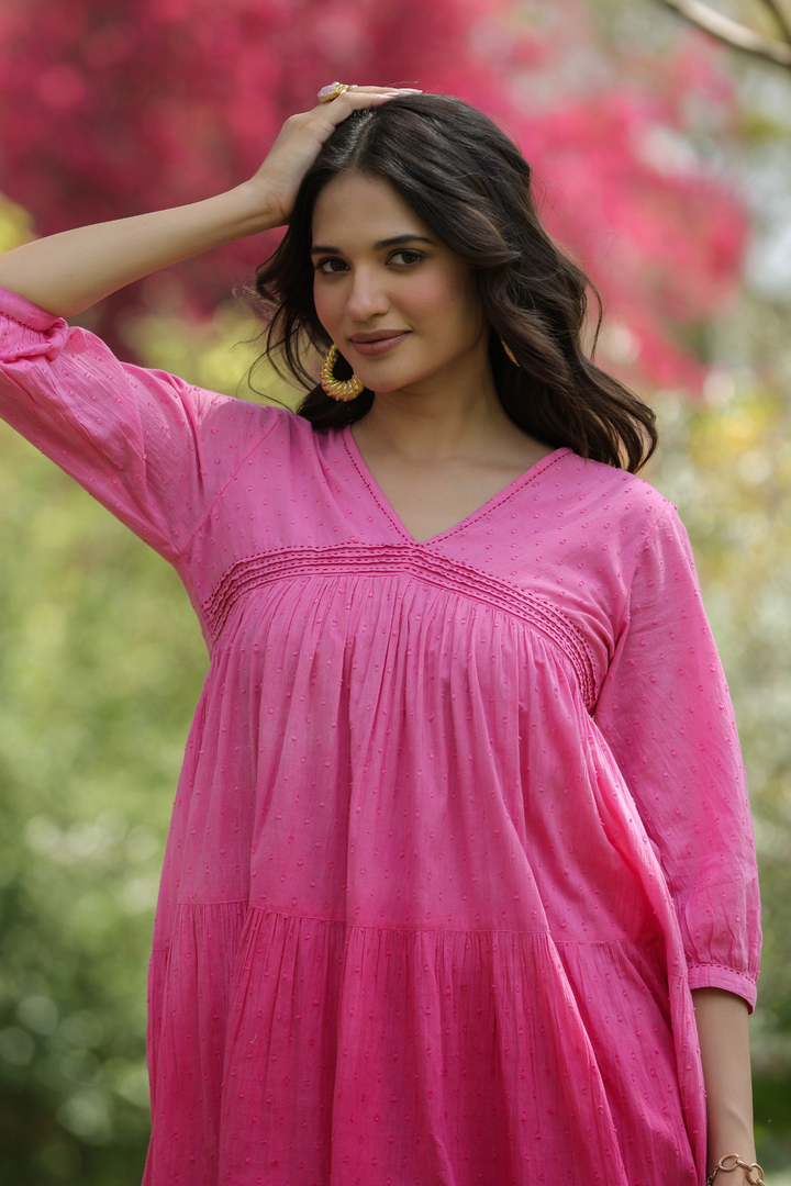 Pink Cotton Dobby Ombre Tiered Designer Dress