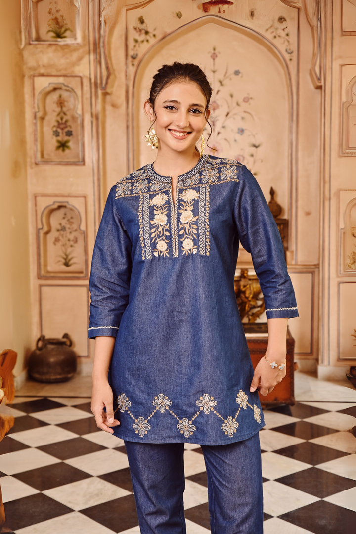 Denim Blue Embroidered Top