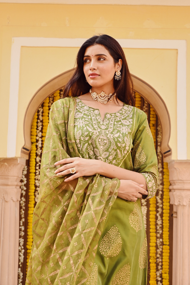 Olive Green Chanderi Gold Print A-Line Kurta Set with Dupatta
