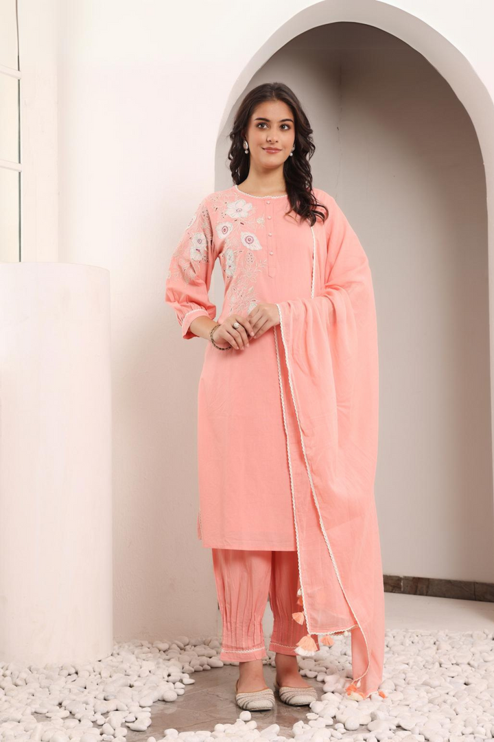 Peach Cotton Applique Kurta Pant Set With Dupatta