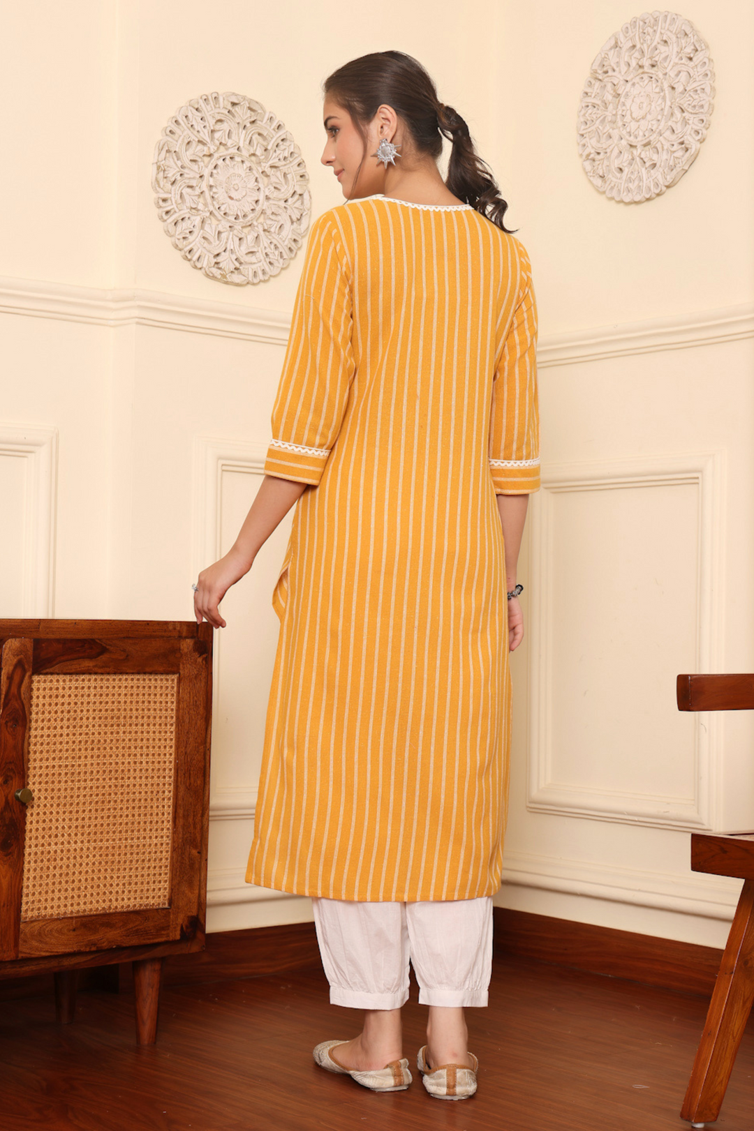 Mustard Yarn Dyed Striped Kurta