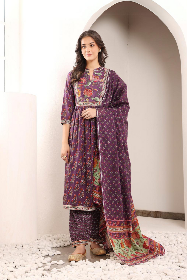 Purple Cotton Printed A Line Kurta Suit Set