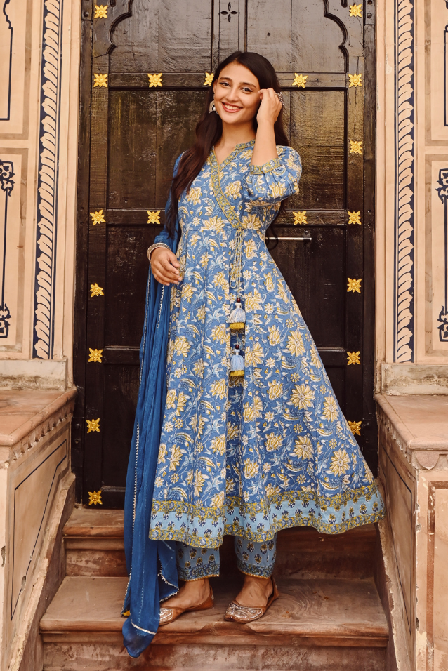 Blue Pure Cotton Floral Print Sequins Work A-Line Kurta Pant Dupatta Set