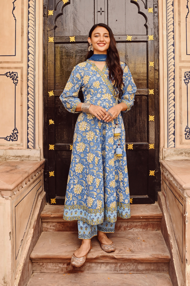 Blue Pure Cotton Floral Print Sequins Work A-Line Kurta Pant Dupatta Set