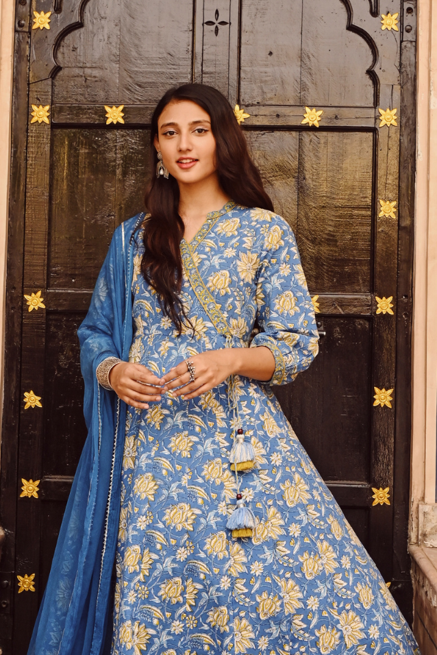 Blue Pure Cotton Floral Print Sequins Work A-Line Kurta Pant Dupatta Set