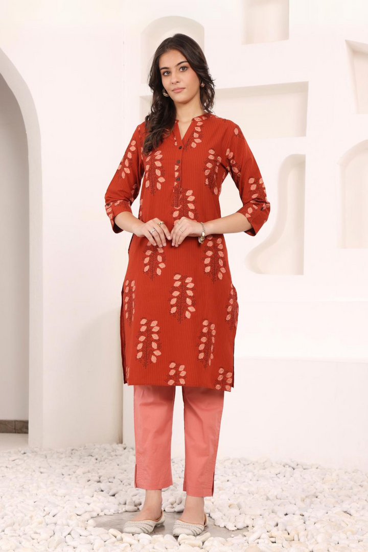 Rust Cotton Printed Mandarin Collar Kurta Pant Set