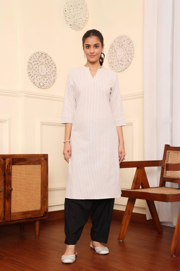 Beige Yarn Dyed Striped Kurta