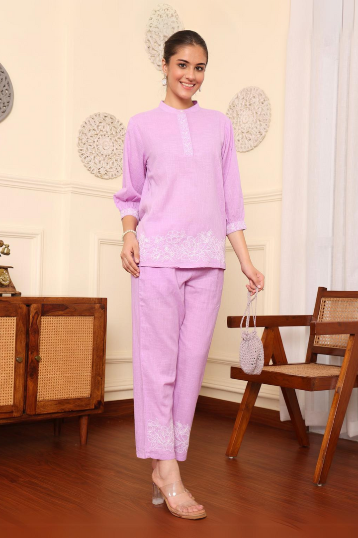 Purple Cotton Embroidered Co-Ord Set