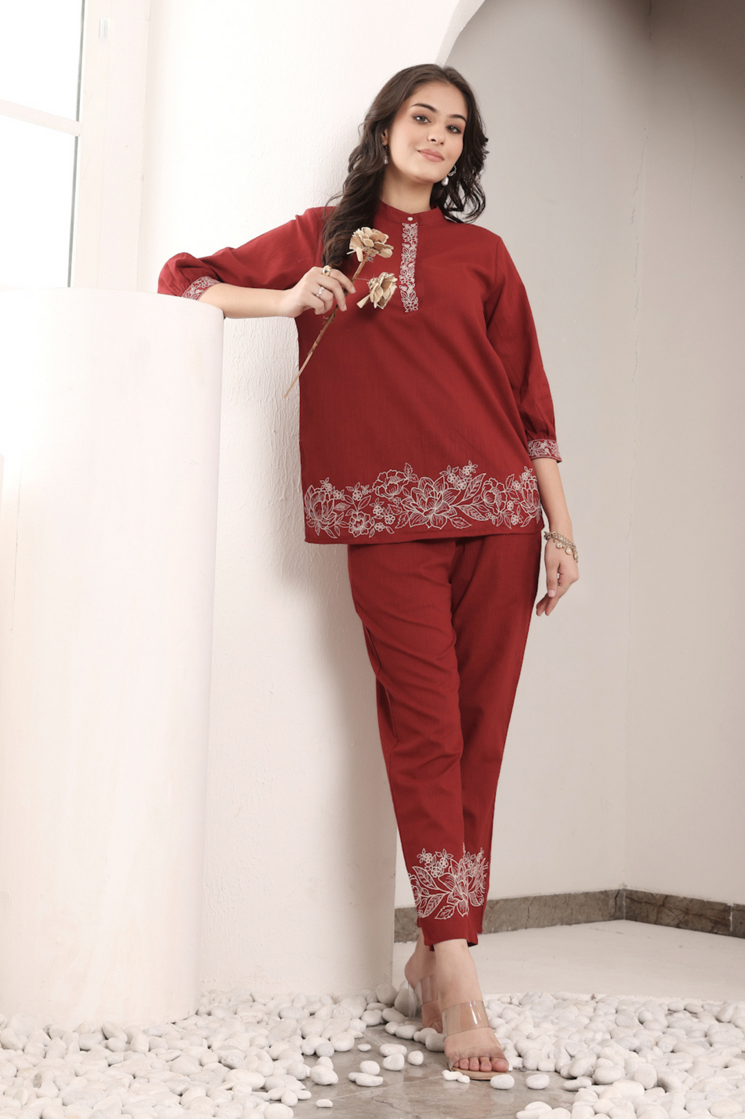 Rust Cotton Embroidered Co-Ord Set
