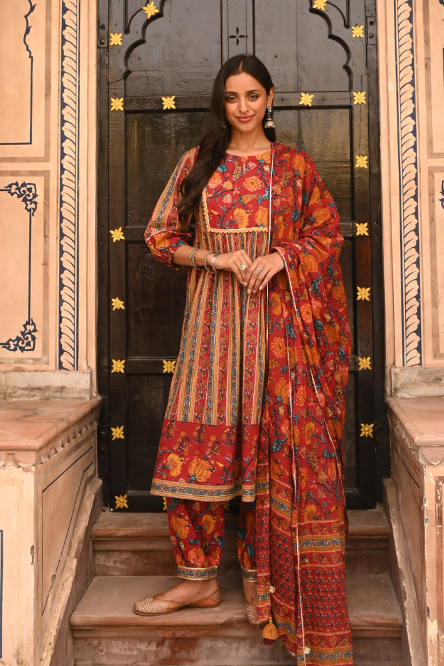 Red Pure Cotton Floral Print Lace Work A-Line Kurta Salwar Dupatta Set