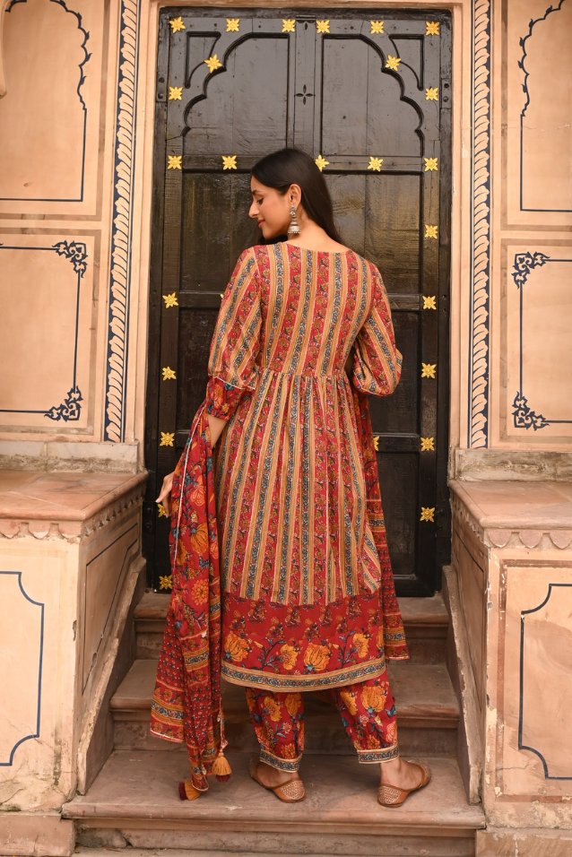 Red Pure Cotton Floral Print Lace Work A-Line Kurta Salwar Dupatta Set