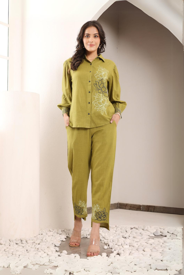 Olive Green Cotton Embroidered Co-Ord Set