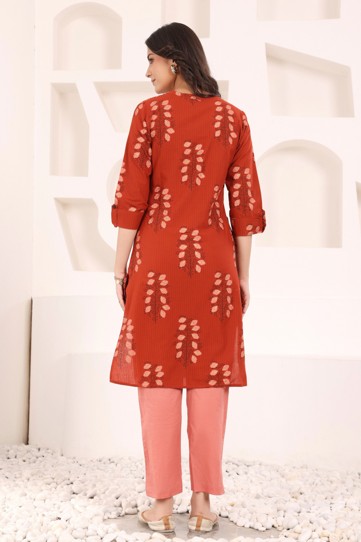 Rust Cotton Printed Mandarin Collar Kurta Pant Set