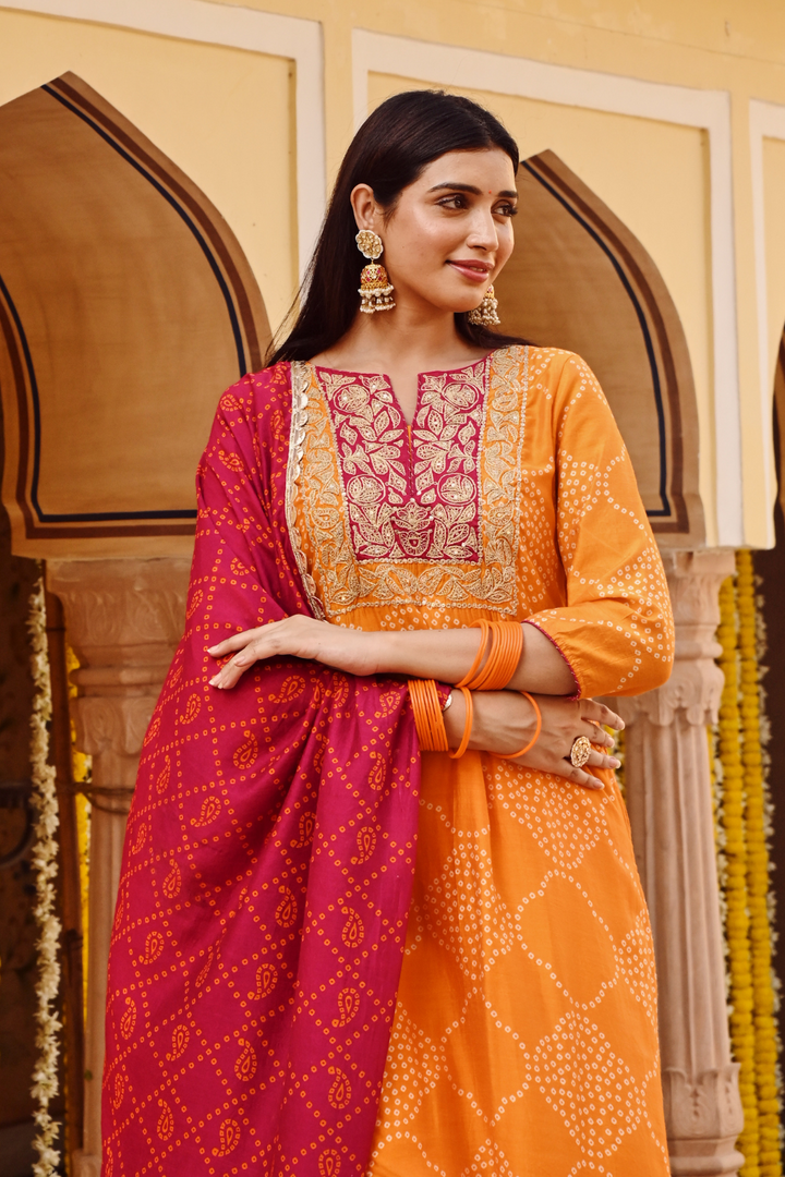 Yellow Chanderi Bandhani Print Zari Work Straight Kurta Pant Dupatta Set