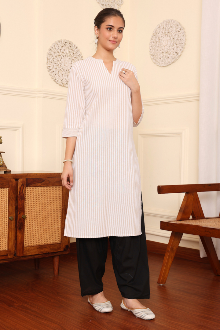 Beige Yarn Dyed Striped Kurta