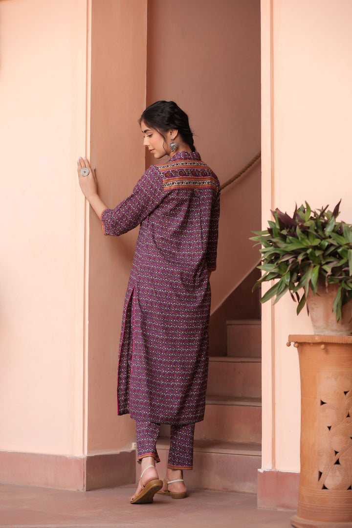 Purple Pure Cotton Floral Print Fancy Button Work A-Line Kurta Pant Set