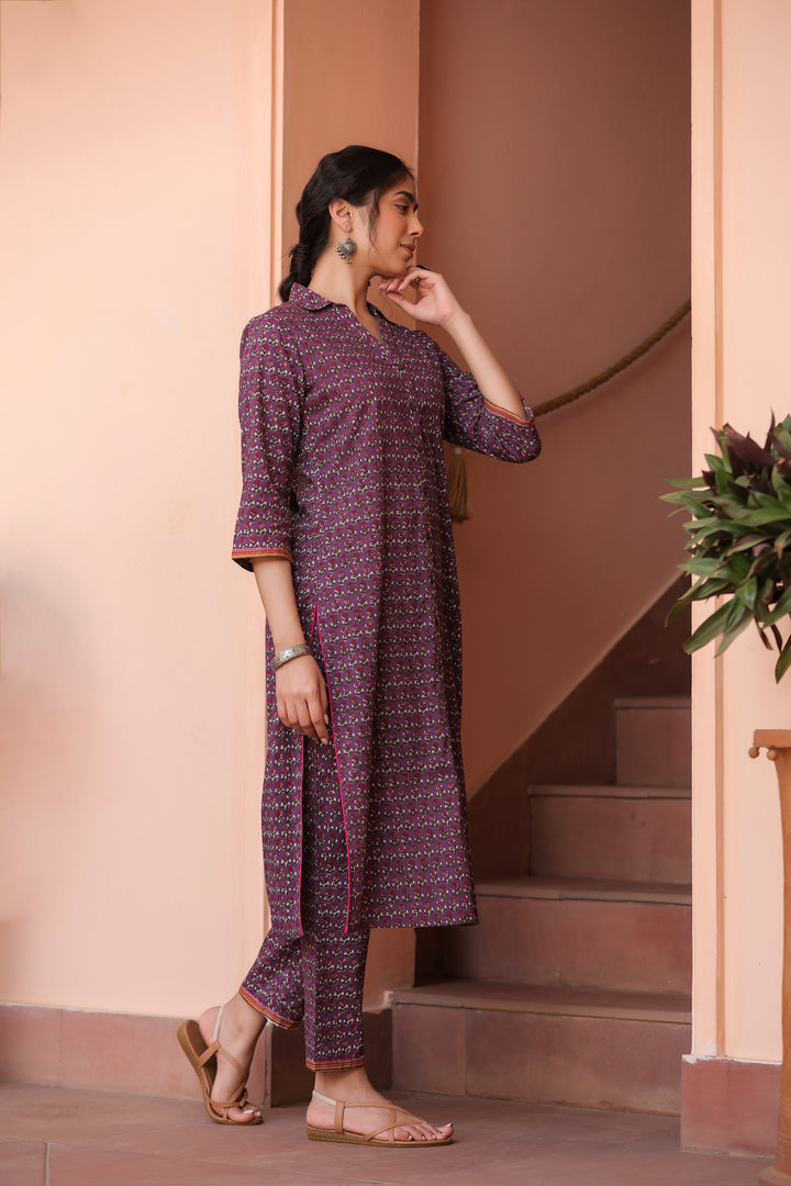 Purple Pure Cotton Floral Print Fancy Button Work A-Line Kurta Pant Set