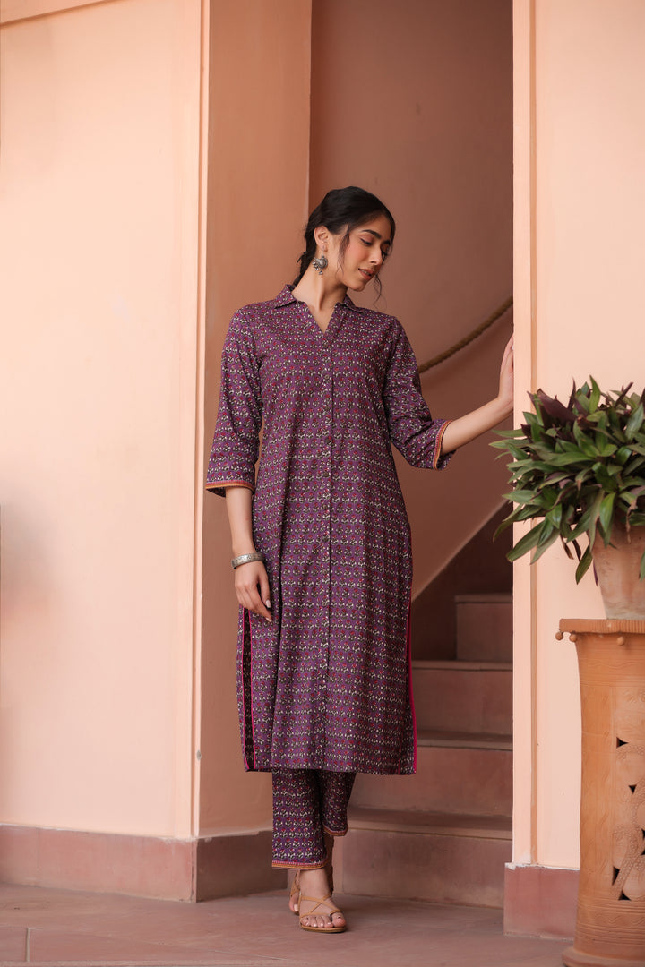 Purple Pure Cotton Floral Print Fancy Button Work A-Line Kurta Pant Set