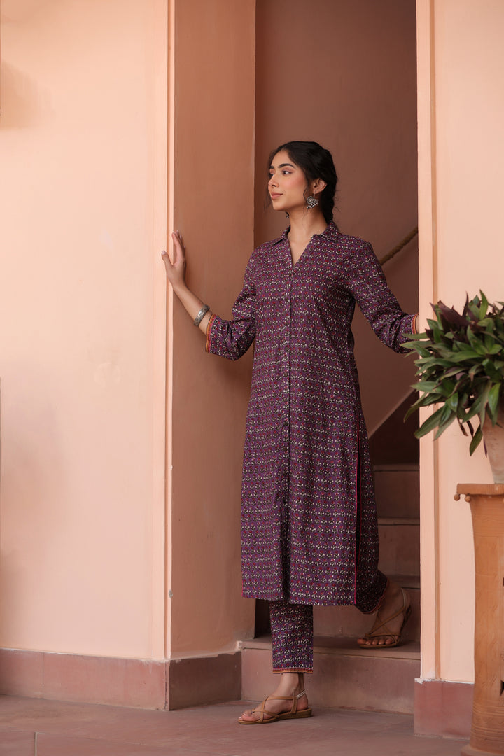 Purple Pure Cotton Floral Print Fancy Button Work A-Line Kurta Pant Set