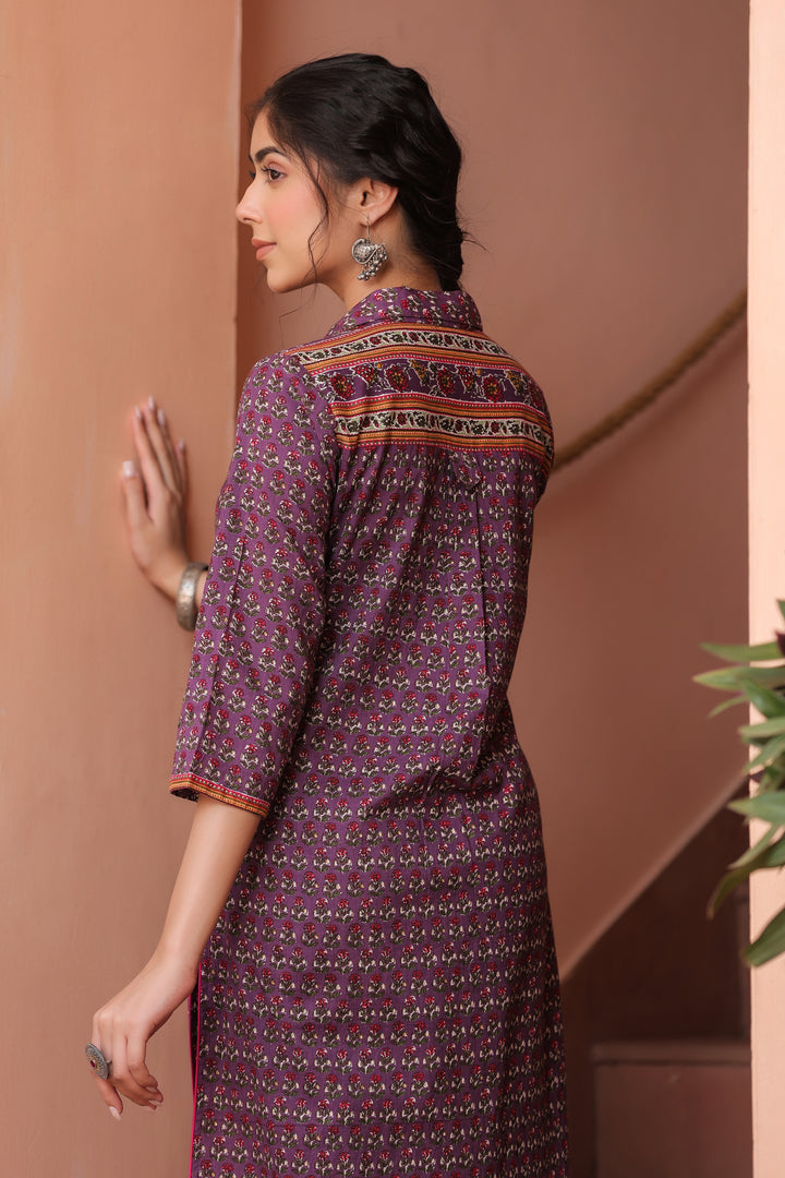 Purple Pure Cotton Floral Print Fancy Button Work A-Line Kurta Pant Set
