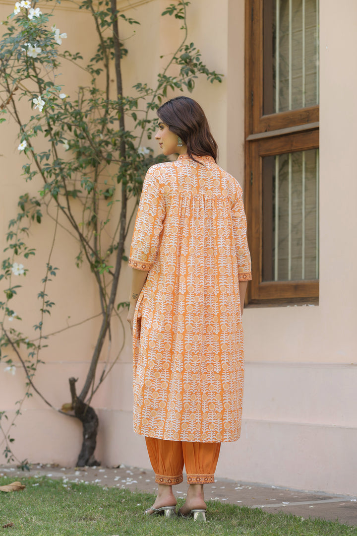 Orange Printed Embroidered Kurta Pant Set