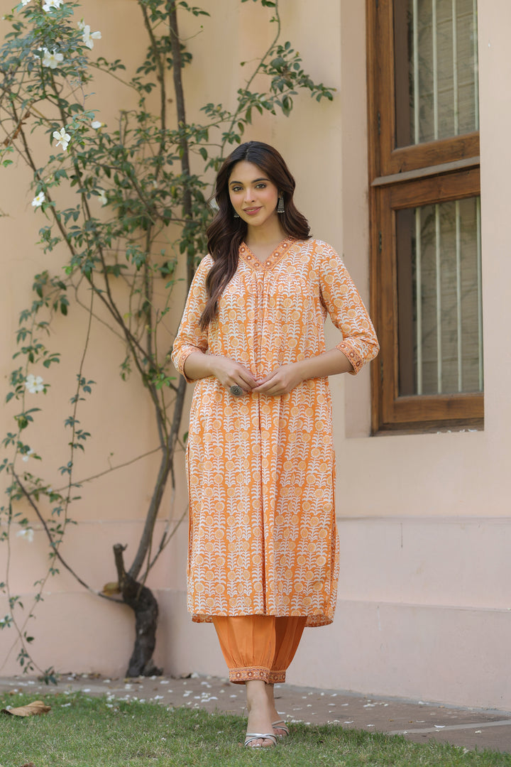 Orange Printed Embroidered Kurta Pant Set