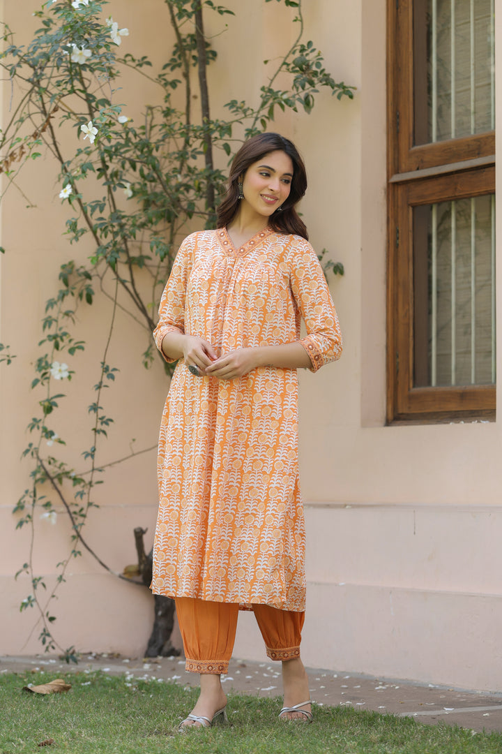 Orange Printed Embroidered Kurta Pant Set