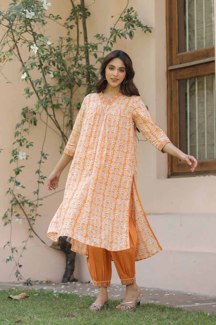 Orange Printed Embroidered Kurta Pant Set