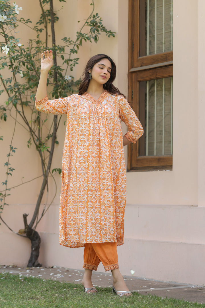 Orange Printed Embroidered Kurta Pant Set