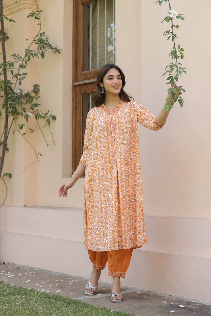 Orange Printed Embroidered Kurta Pant Set