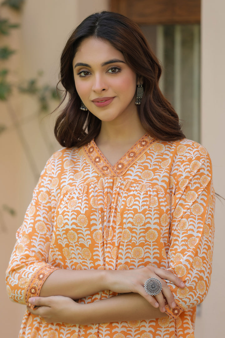 Orange Printed Embroidered Kurta Pant Set