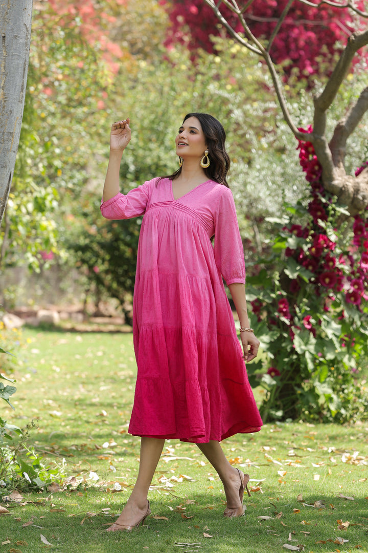 Pink Cotton Dobby Ombre Tiered Designer Dress