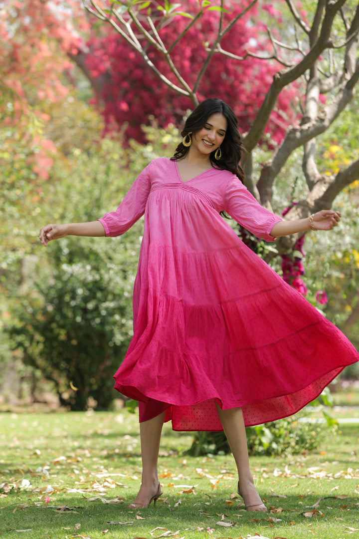 Pink Cotton Dobby Ombre Tiered Designer Dress