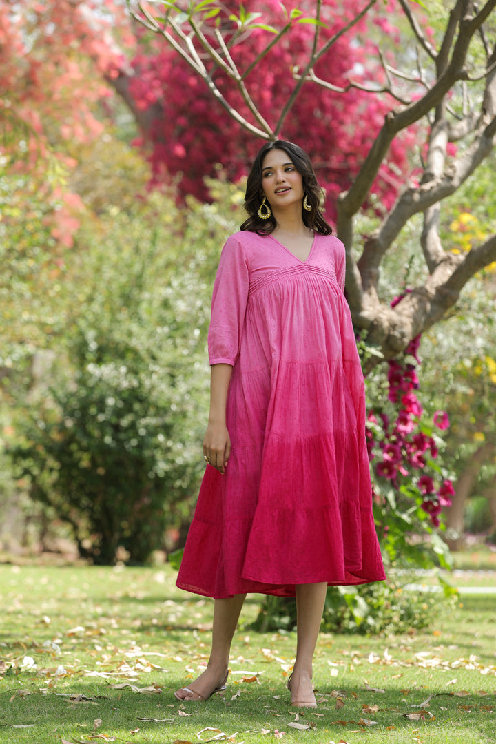 Pink Cotton Dobby Ombre Tiered Designer Dress
