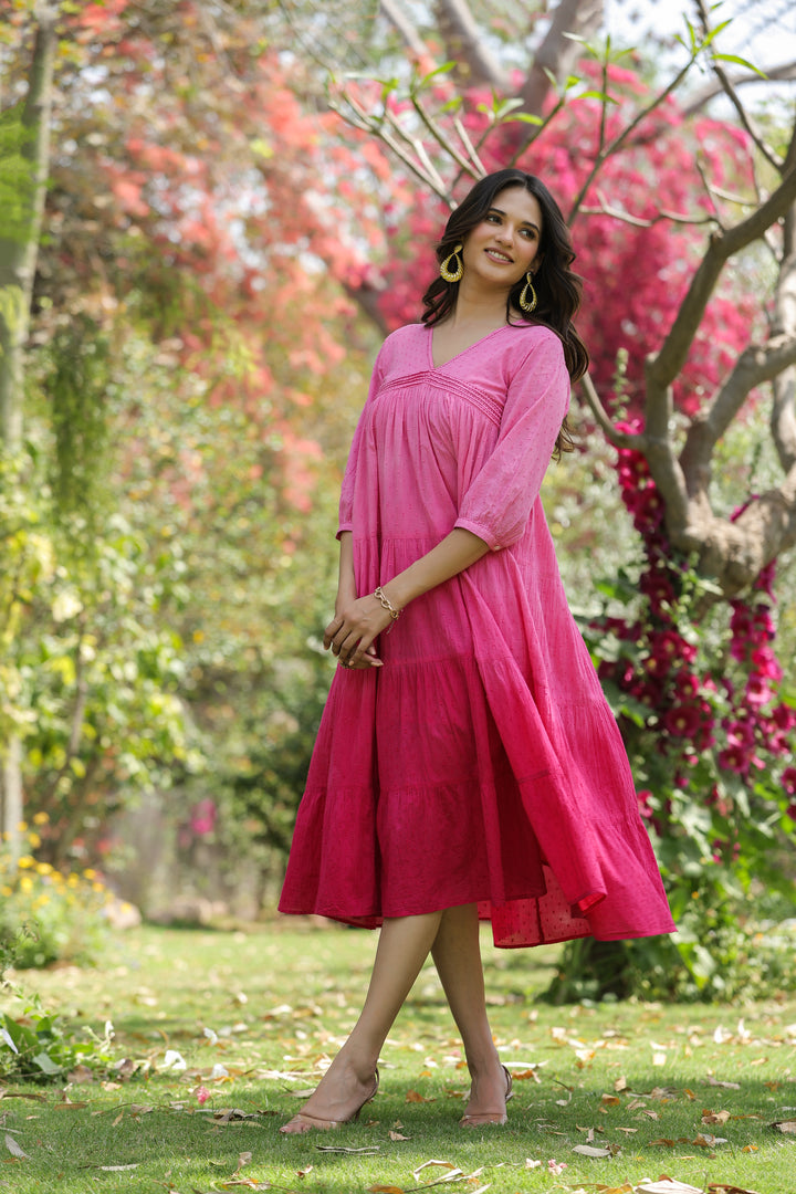 Pink Cotton Dobby Ombre Tiered Designer Dress