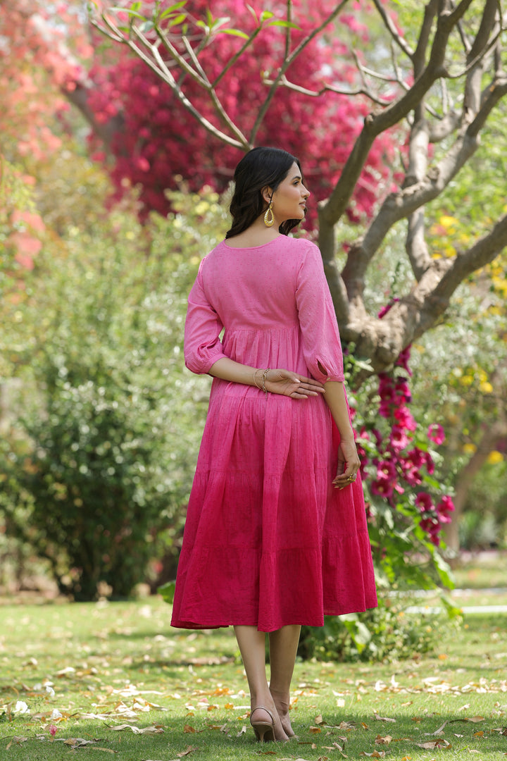 Pink Cotton Dobby Ombre Tiered Designer Dress