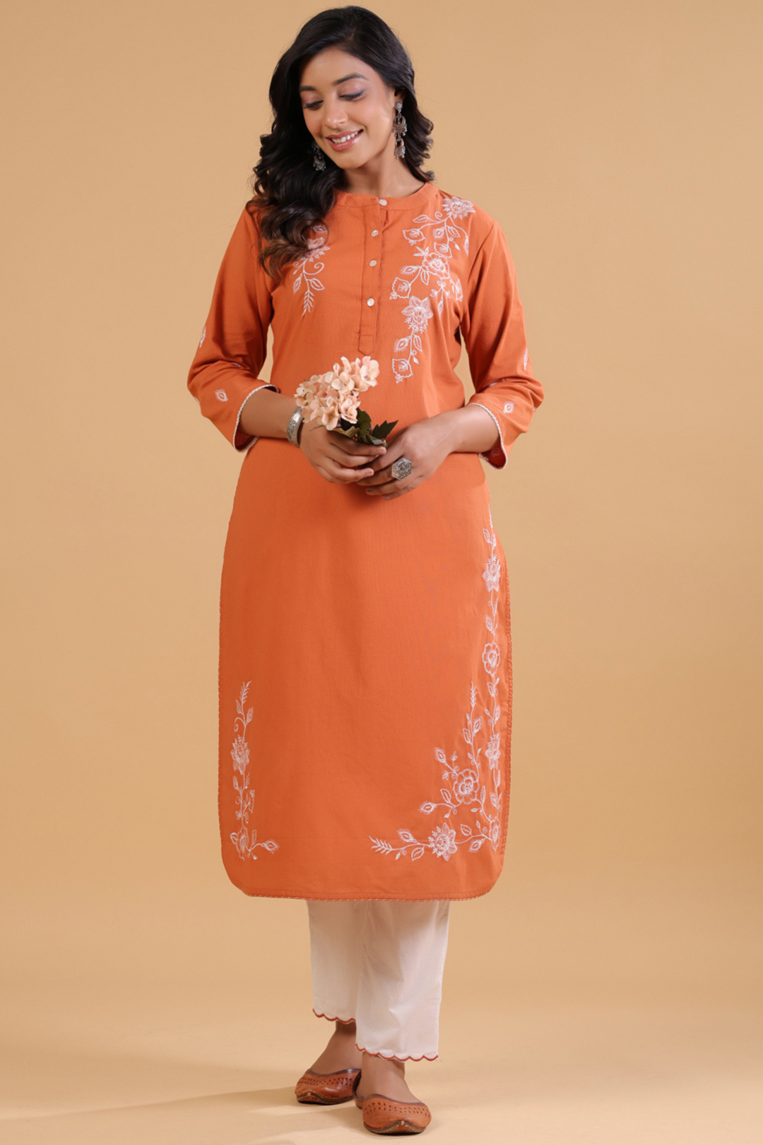 Rust Cotton Embroidered Kurta Pant Set