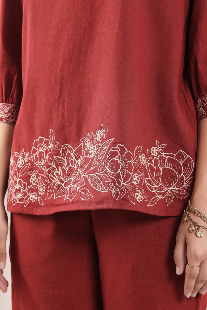 Rust Cotton Embroidered Co-Ord Set