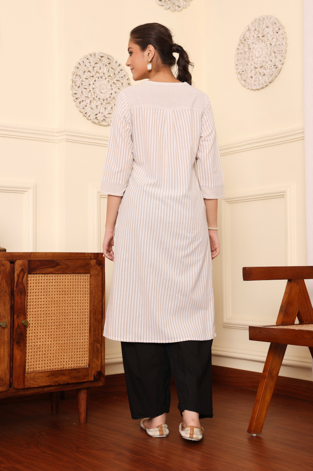 Beige Yarn Dyed Striped Kurta