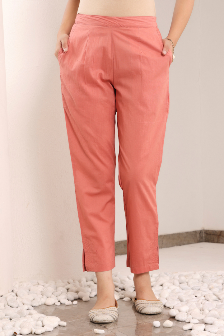 Rust Cotton Printed Mandarin Collar Kurta Pant Set