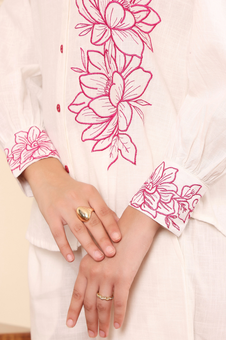 White Cotton Floral Embroidered Co-Ord Set