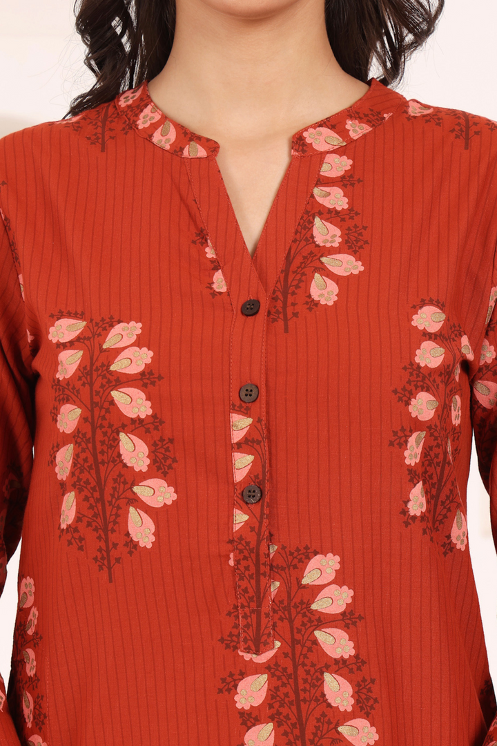 Rust Cotton Printed Mandarin Collar Kurta Pant Set