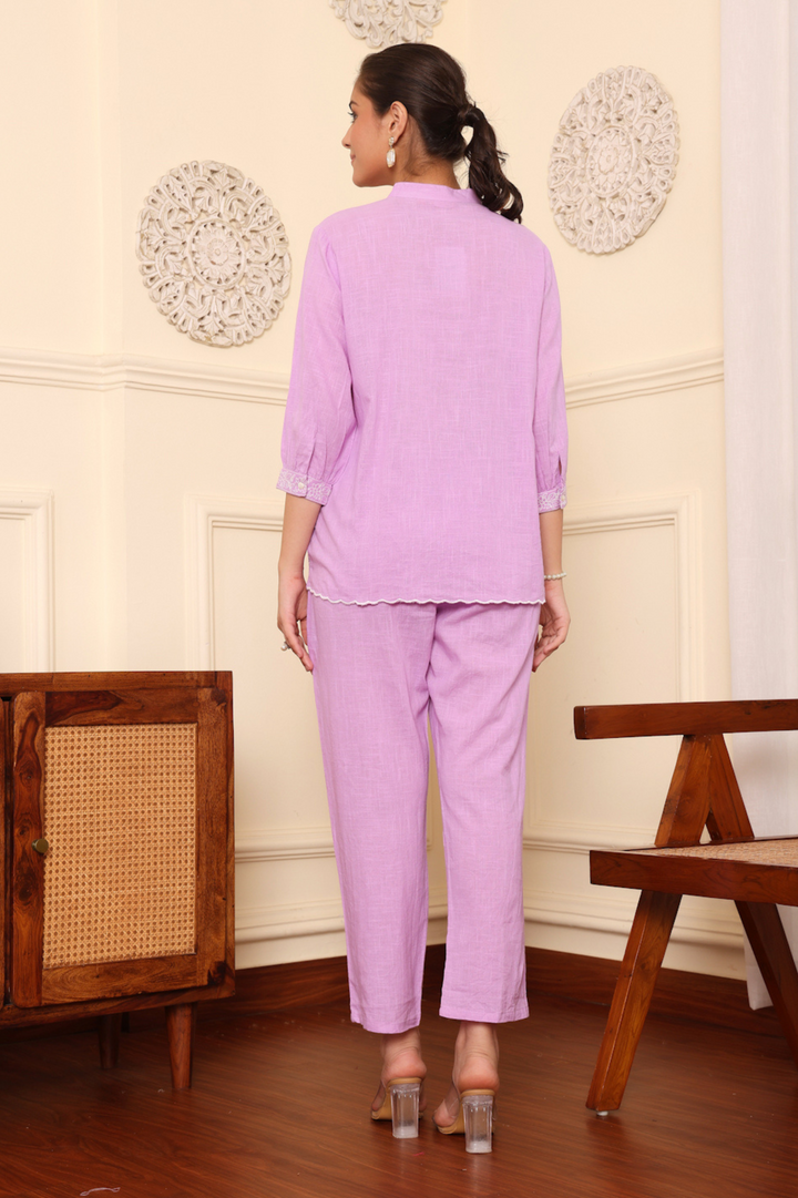 Purple Cotton Embroidered Co-Ord Set