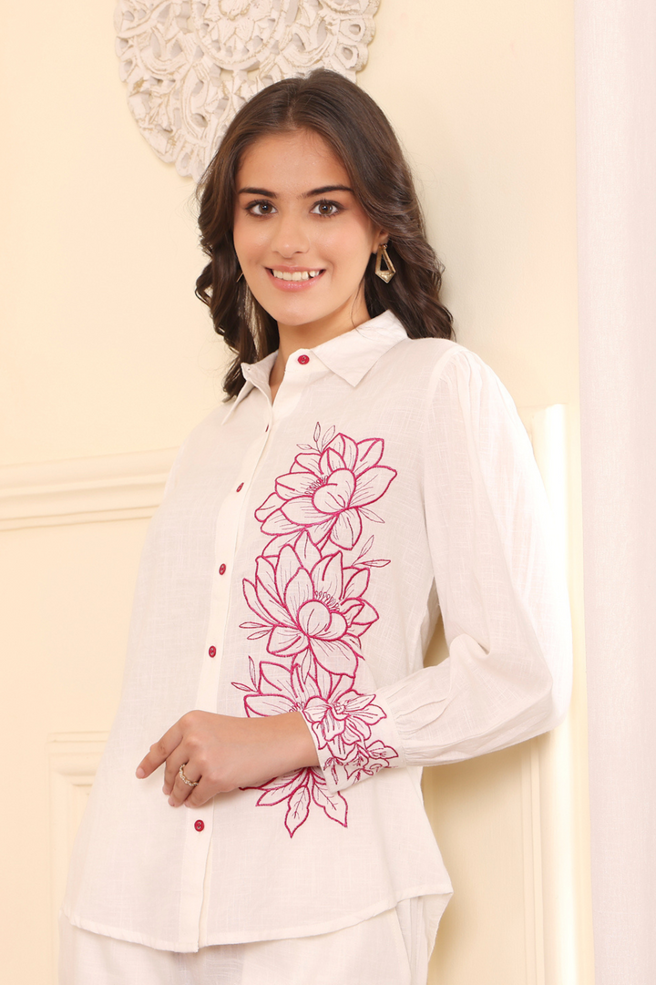 White Cotton Floral Embroidered Co-Ord Set